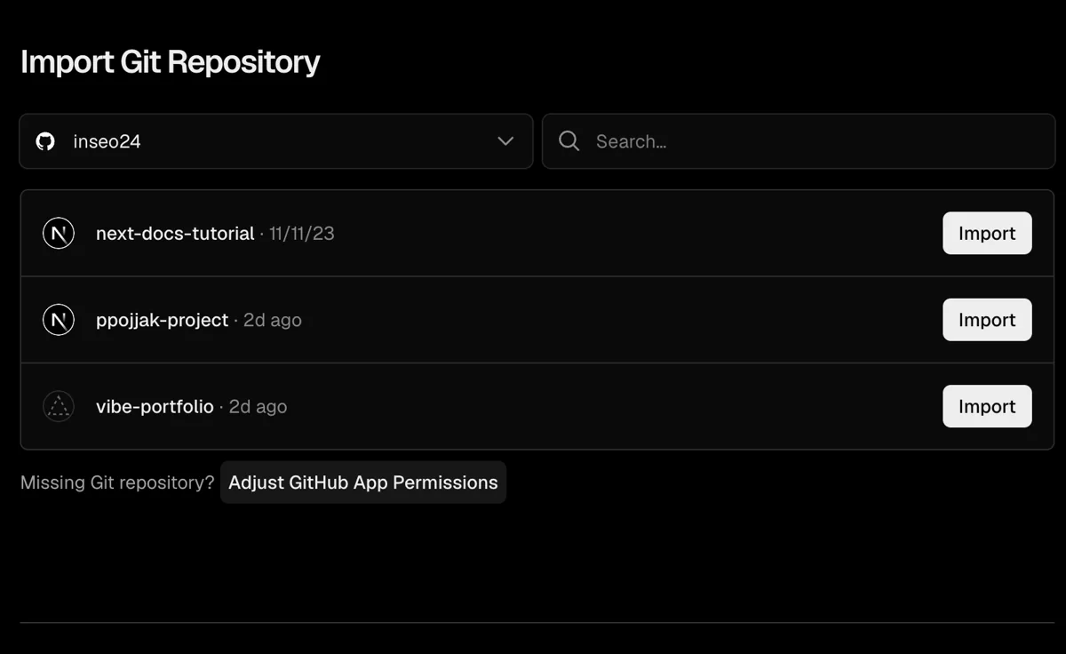Vercel 배포 방법에서 GitHub repository 권한을 조정하는 화면
