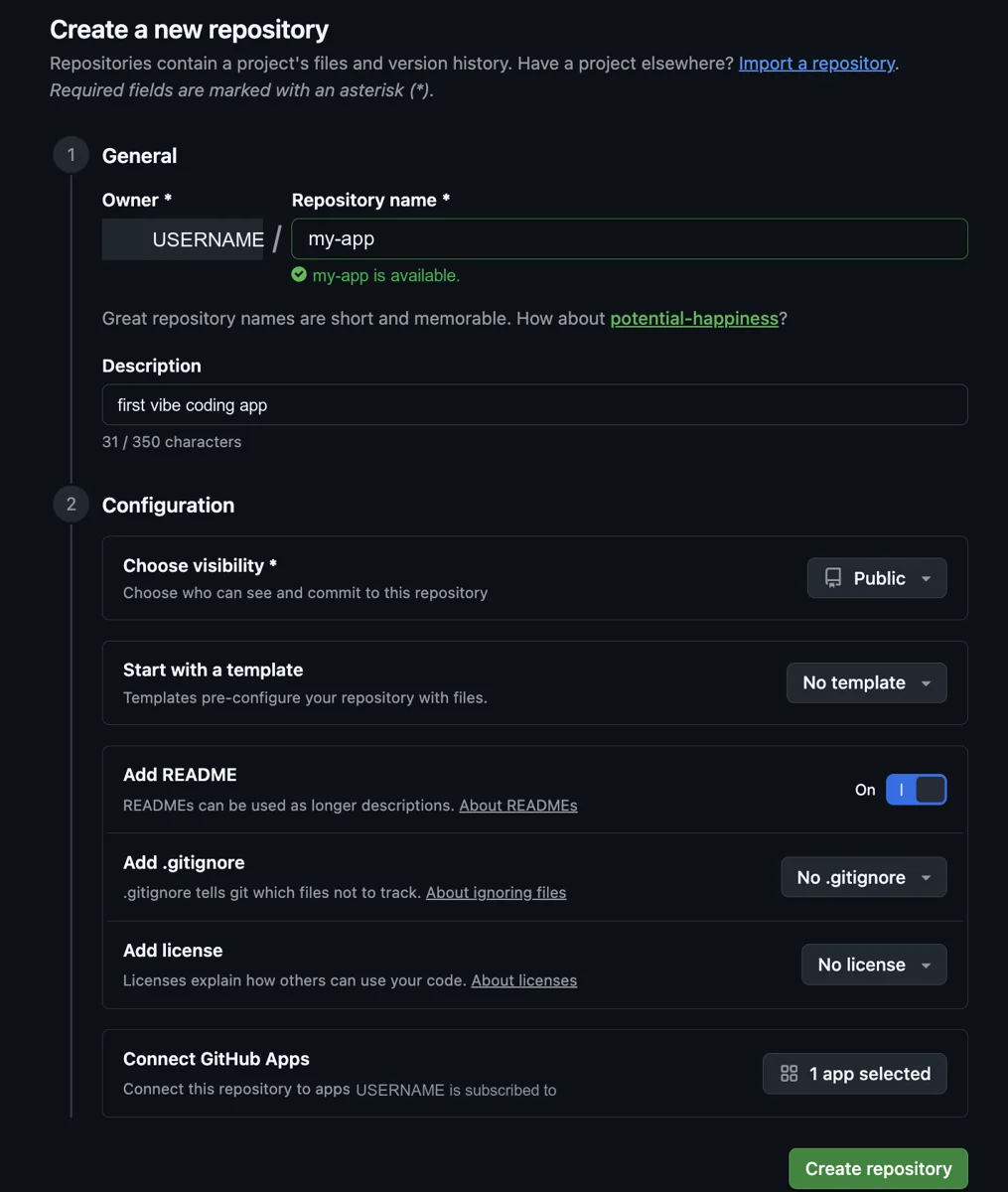 GitHub 새 repository 생성 화면에서 이름과 공개 범위를 설정하는 모습