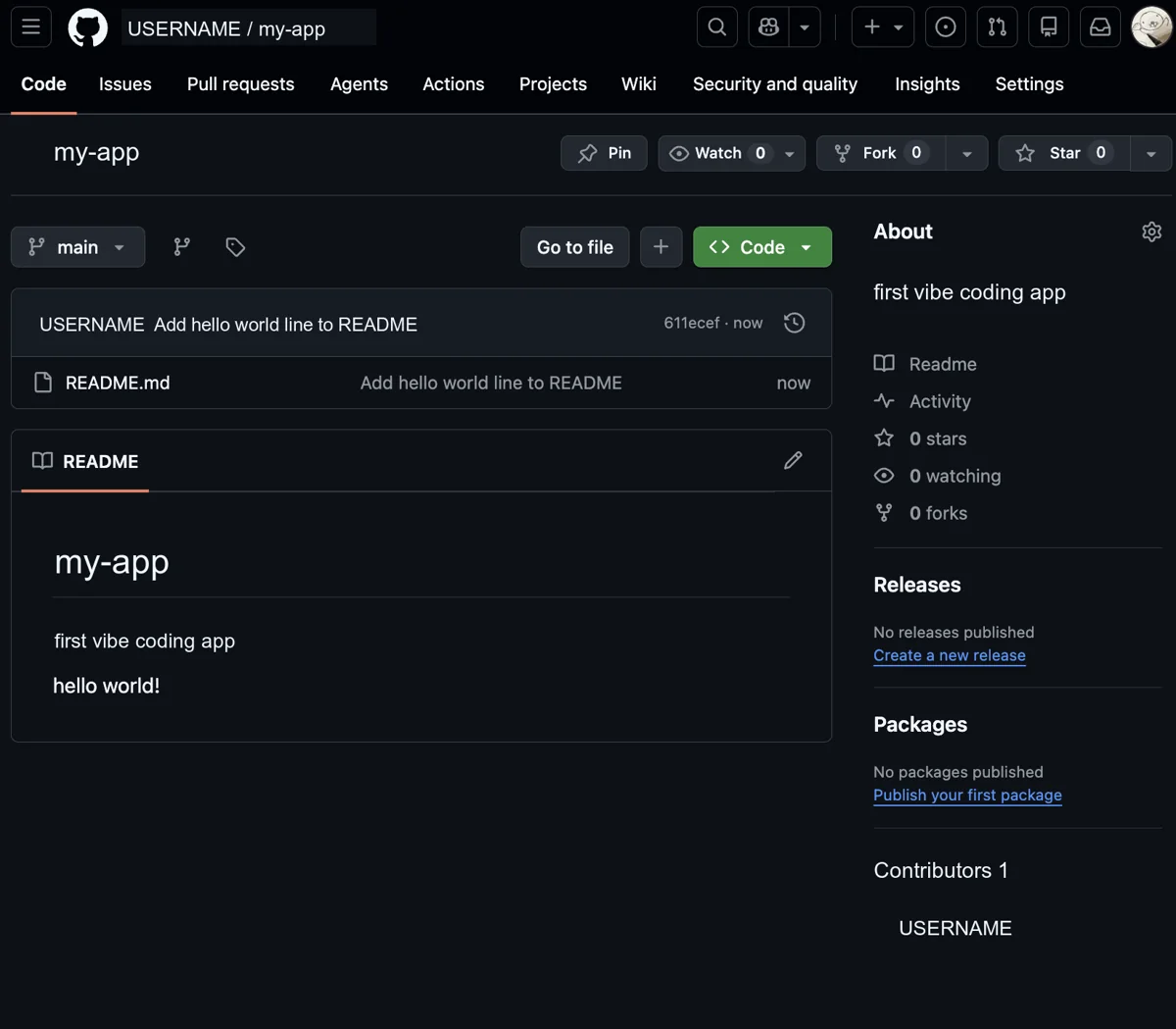commit과 push 후 README 변경이 GitHub repository에 반영된 화면