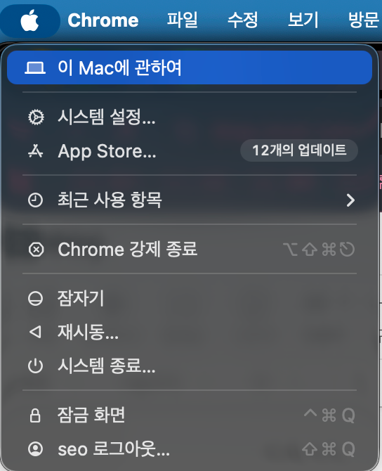 맥 애플 메뉴에서 이 Mac에 관하여로 macOS 버전 확인