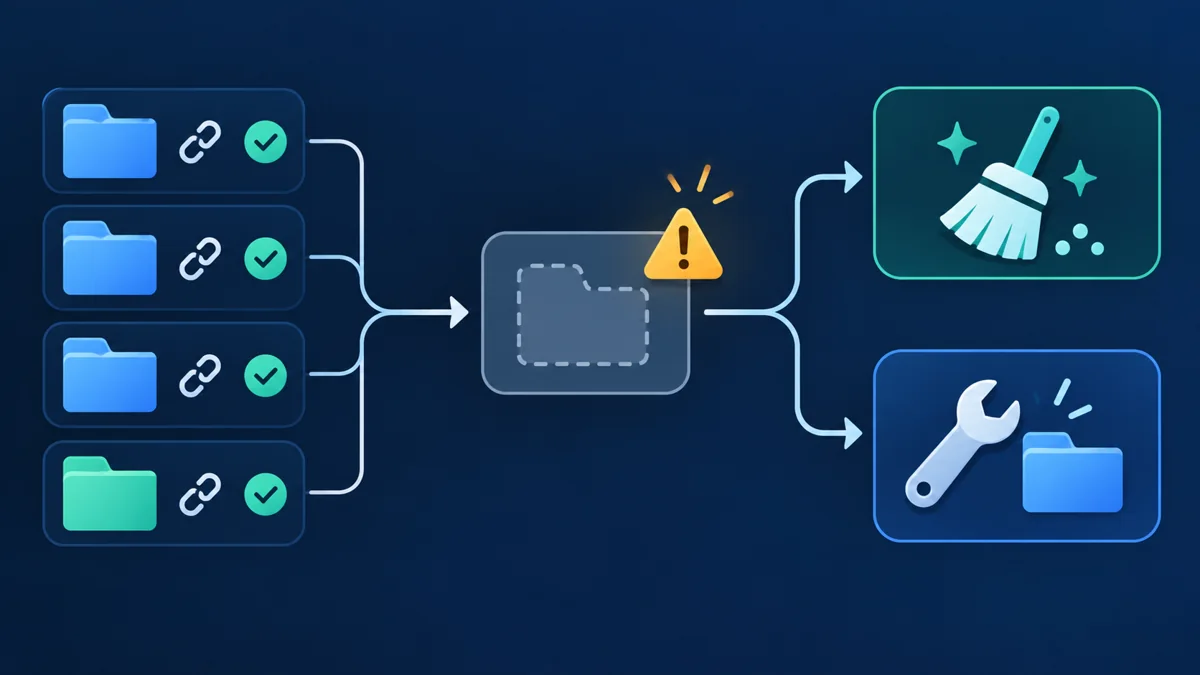 Git worktree 목록의 사라진 폴더를 확인한 뒤 정리와 경로 복구 중 하나를 고르는 개념도