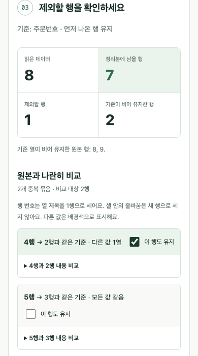 4행도 유지 체크 후 남을 행7행과 제외1행으로 바뀐 실제 결과