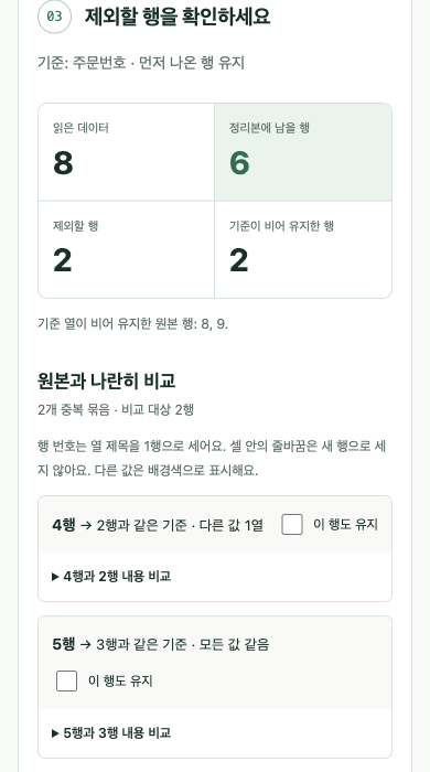 읽은 데이터8행, 남을 행6행, 제외2행이 표시된 검사 결과