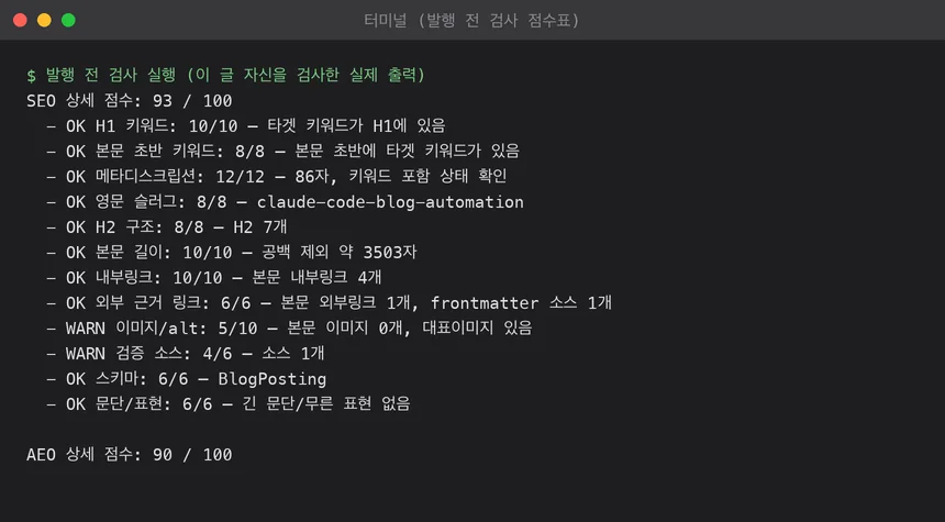 발행 전 검사 프로그램이 이 글을 검사한 점수표 터미널 출력