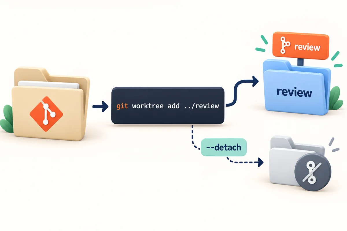 저장소에서 git worktree add 경로의 마지막 이름 review가 새 폴더와 브랜치 이름이 되고 detach는 브랜치 없는 경로로 갈라지는 흐름