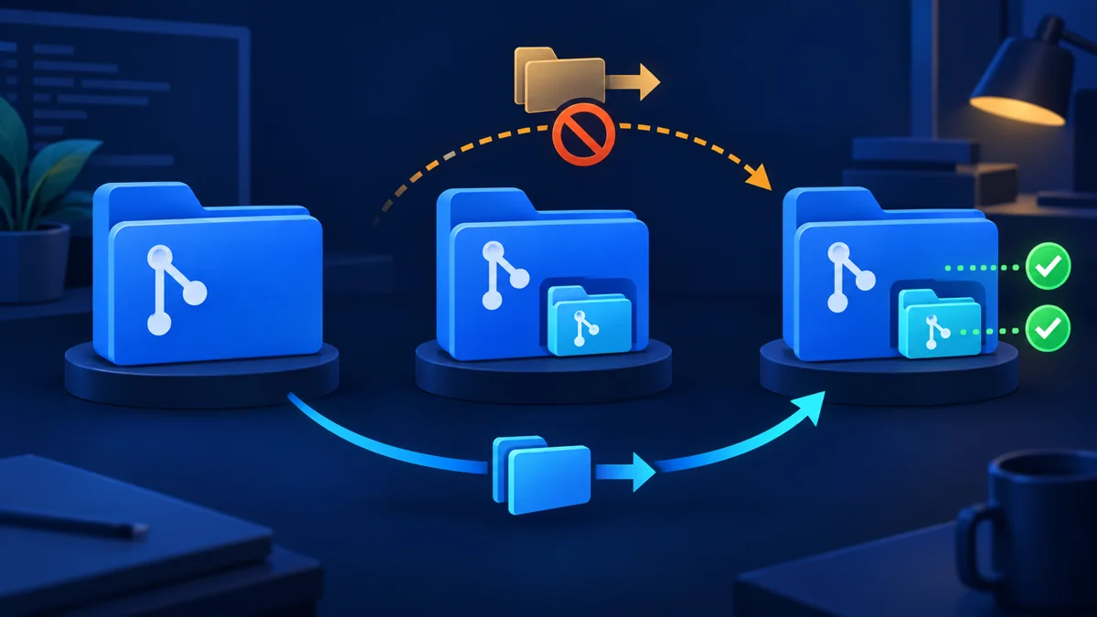 submodule이 있는 linked worktree의 직접 이동은 막고 새 clone에서 상위와 submodule commit을 확인하는 개념도