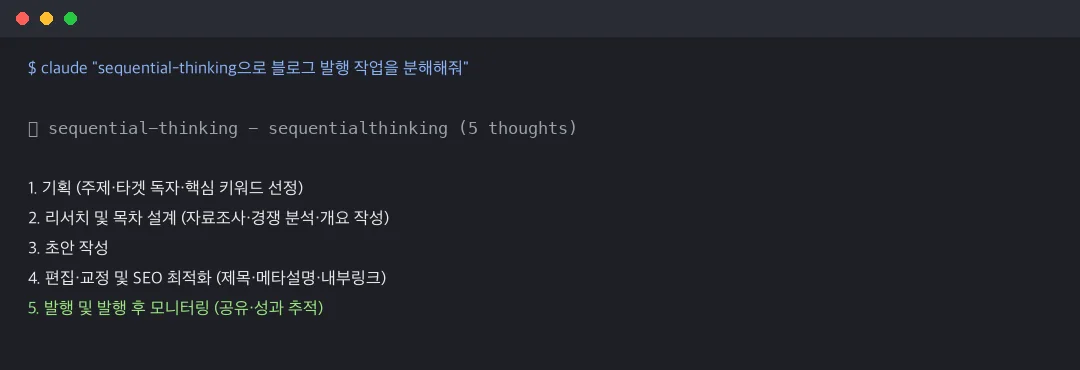 Sequential Thinking MCP를 호출해 블로그 발행 작업을 기획부터 모니터링까지 5단계로 분해한 터미널 출력