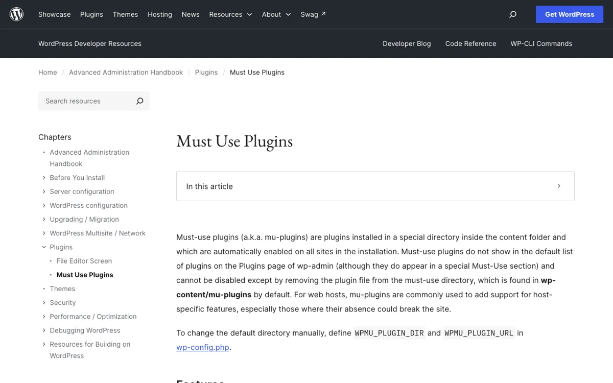 워드프레스 공식 개발자 문서 'Must Use Plugins' 페이지. mu-plugins는 wp-content/mu-plugins 폴더에서 자동 활성화되며 파일을 지워야만 비활성화된다는 설명
