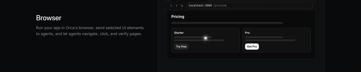 Orca 공식 사이트의 Browser 기능 소개 화면, Orca 내장 브라우저에서 로컬 개발 서버의 가격 페이지를 직접 띄운 모습