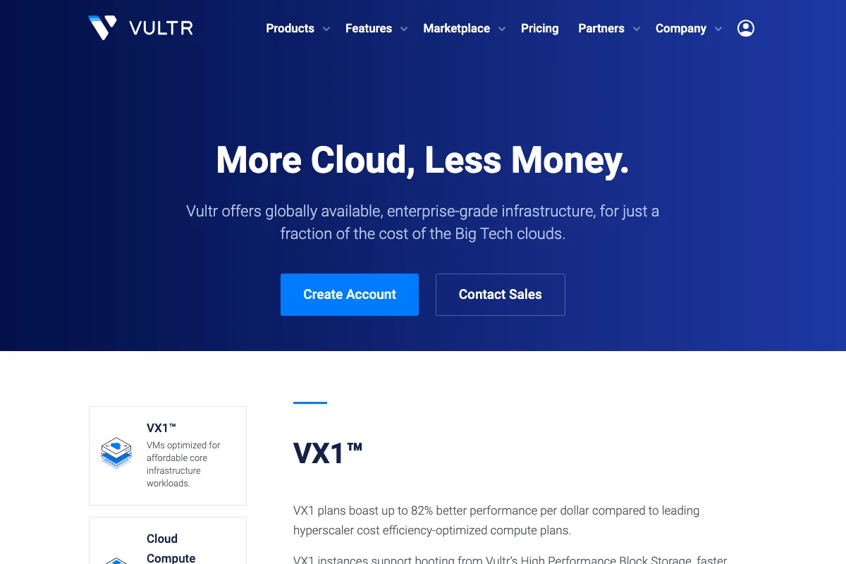 Vultr 공식 사이트 Cloud Compute 제품 페이지. "More Cloud, Less Money" 문구 아래 VX1 플랜과 Cloud Compute 항목이 보이는 화면