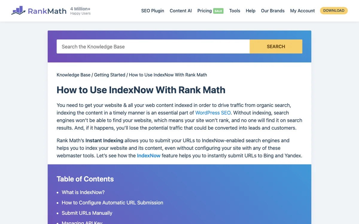 Rank Math 공식 문서 'How to Use IndexNow With Rank Math' 첫 화면. Instant Indexing 기능이 Bing·Yandex 등 IndexNow 지원 검색엔진에 URL을 제출한다는 설명
