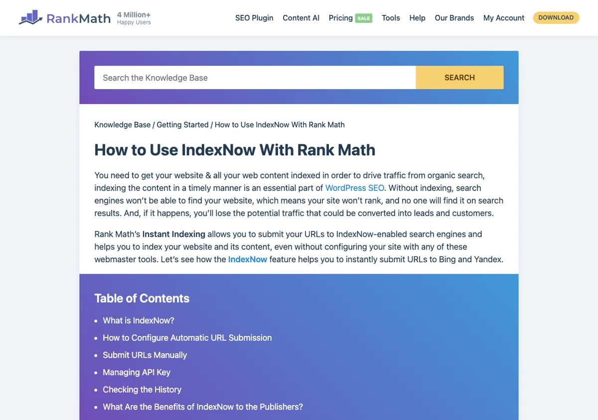 Rank Math 공식 문서의 IndexNow 안내 페이지. Instant Indexing으로 IndexNow 지원 검색엔진에 URL을 제출한다는 설명과 목차