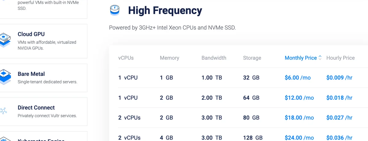 Vultr 요금 페이지의 High Frequency 표. 1GB 월 6달러, 2GB 월 12달러