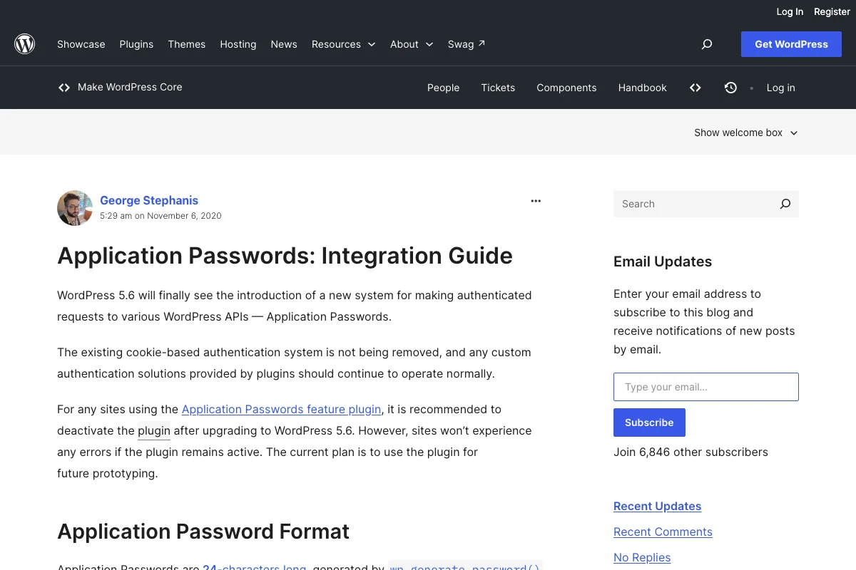 워드프레스 코어 블로그의 Application Passwords 통합 가이드. 워드프레스 5.6에서 도입된 인증 방식과 24자 비밀번호 형식을 설명한다