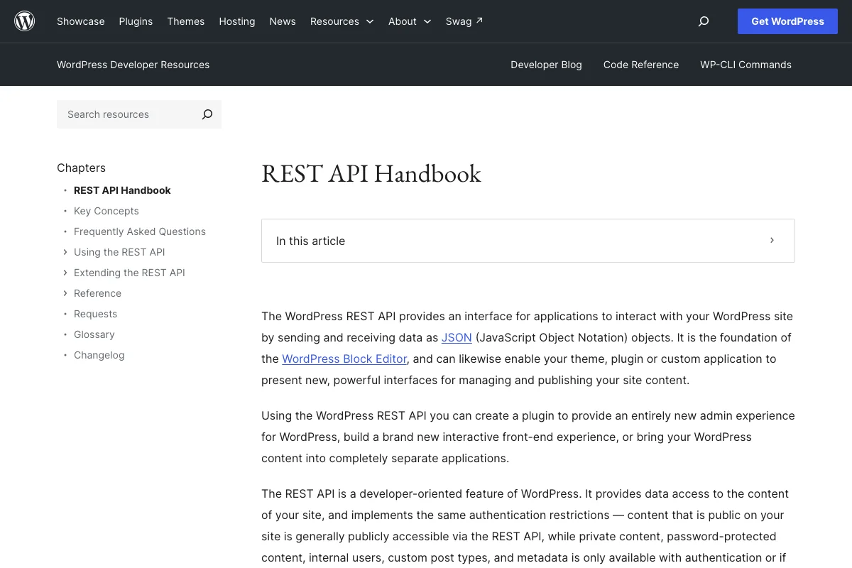 워드프레스 공식 REST API 핸드북 첫 화면. REST API는 JSON을 주고받으며 사이트와 상호작용하는 인터페이스라고 정의한다